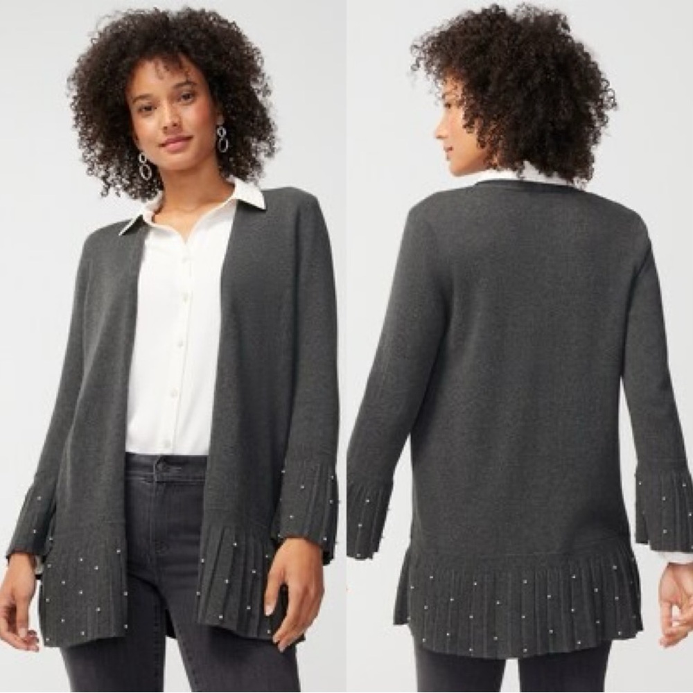 NWT Chico’s Cardigan Sweater Faux Pleat Pearl Embellished Heather Gray 3/US XL